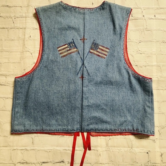 VTG Patricia Wolf Denim Vest Size M Red Gingham Hand Painted American Indian - Picture 9 of 10